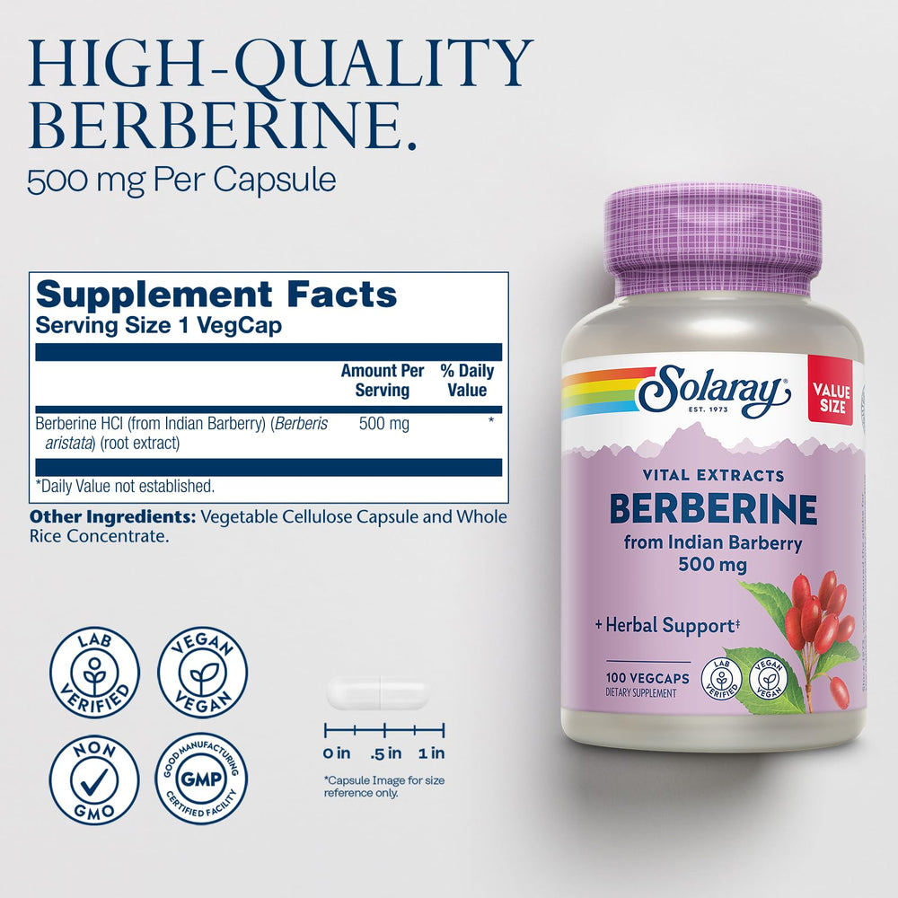 SOLARAY Berberine capsules close-up shows uniform VegCaps for easy daily use.