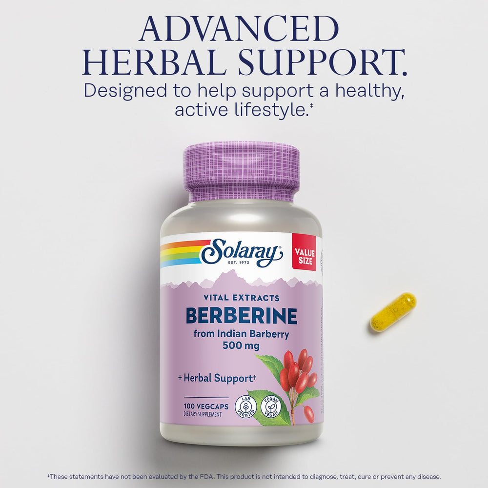 SOLARAY Berberine HCl from Indian barberry illustration emphasizes plant-based support.