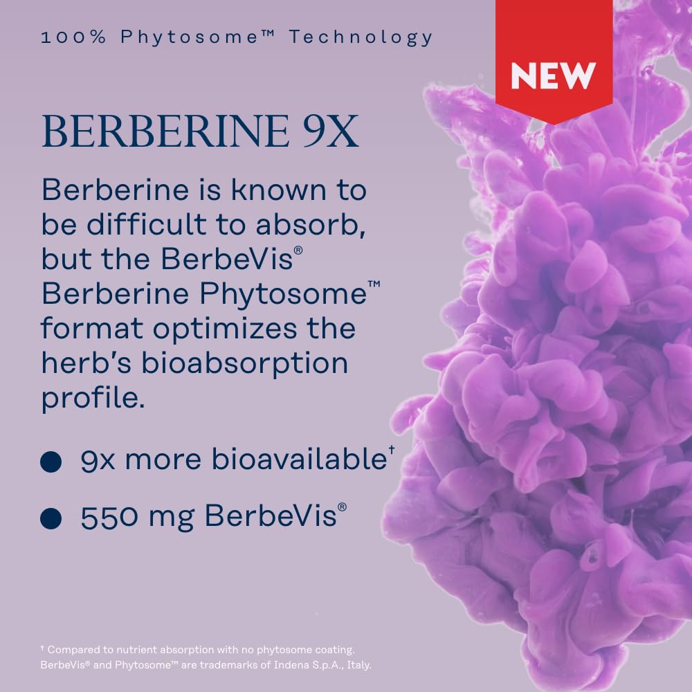 SOLARAY Berberine Phytosome absorption graphic highlights 9X uptake potential.