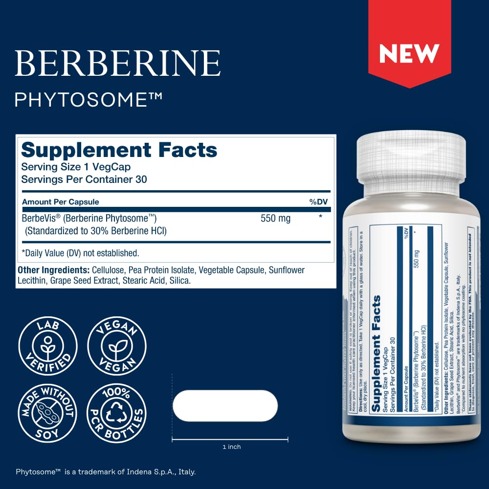 SOLARAY Berberine Phytosome capsules designed for quick, convenient dosing.