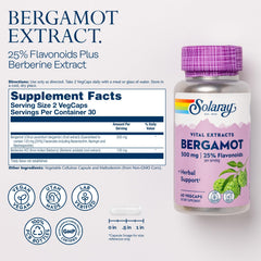 SOLARAY Bergamot bottle label close-up shows 25% flavonoids standard.