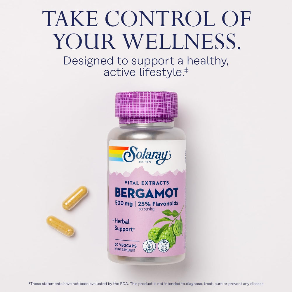SOLARAY Bergamot 500 mg capsules close-up for daily wellness support.