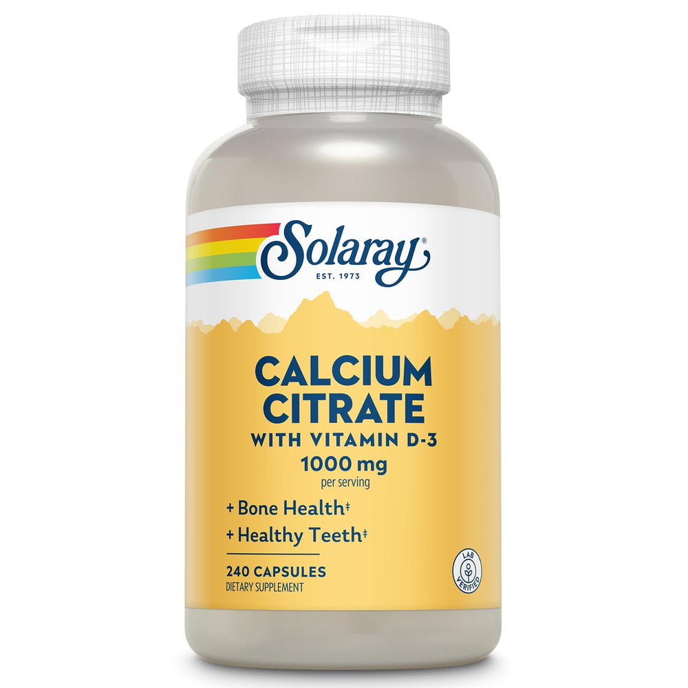 SOLARAY calcium citrate d3 1000mg bottle for bone support and easy absorption.