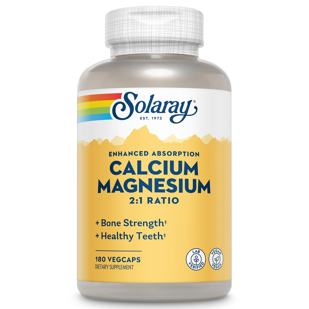 SOLARAY calcium magnesium bottle showing 2:1 ratio for bone support.