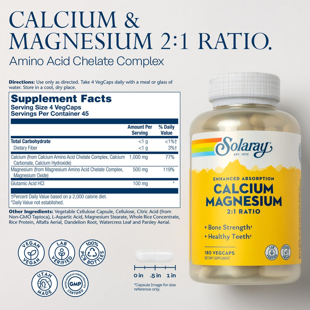 SOLARAY calcium magnesium capsules close-up highlighting higher absorption.