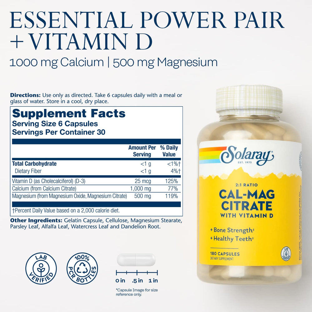 SOLARAY Calcium & Magnesium Citrate label close-up showing vitamin D3