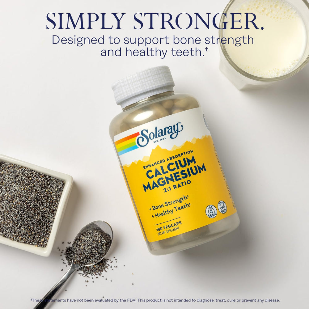 SOLARAY calcium magnesium nutrition label highlights vegan minerals.