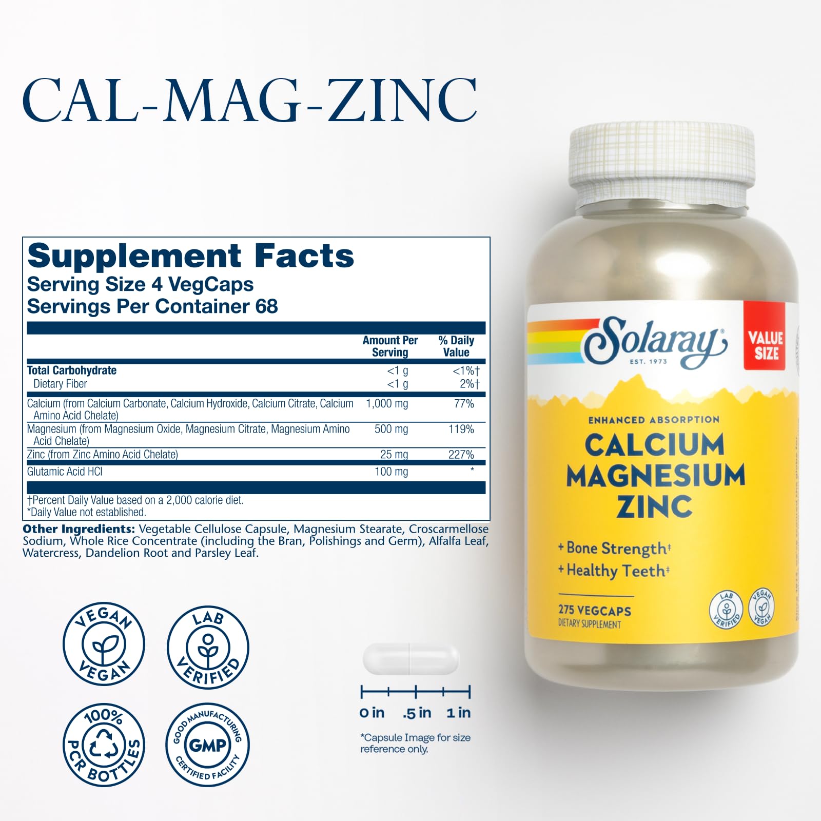 Solaray calcium magnesium zinc capsules closeup highlights vegan-friendly capsules.