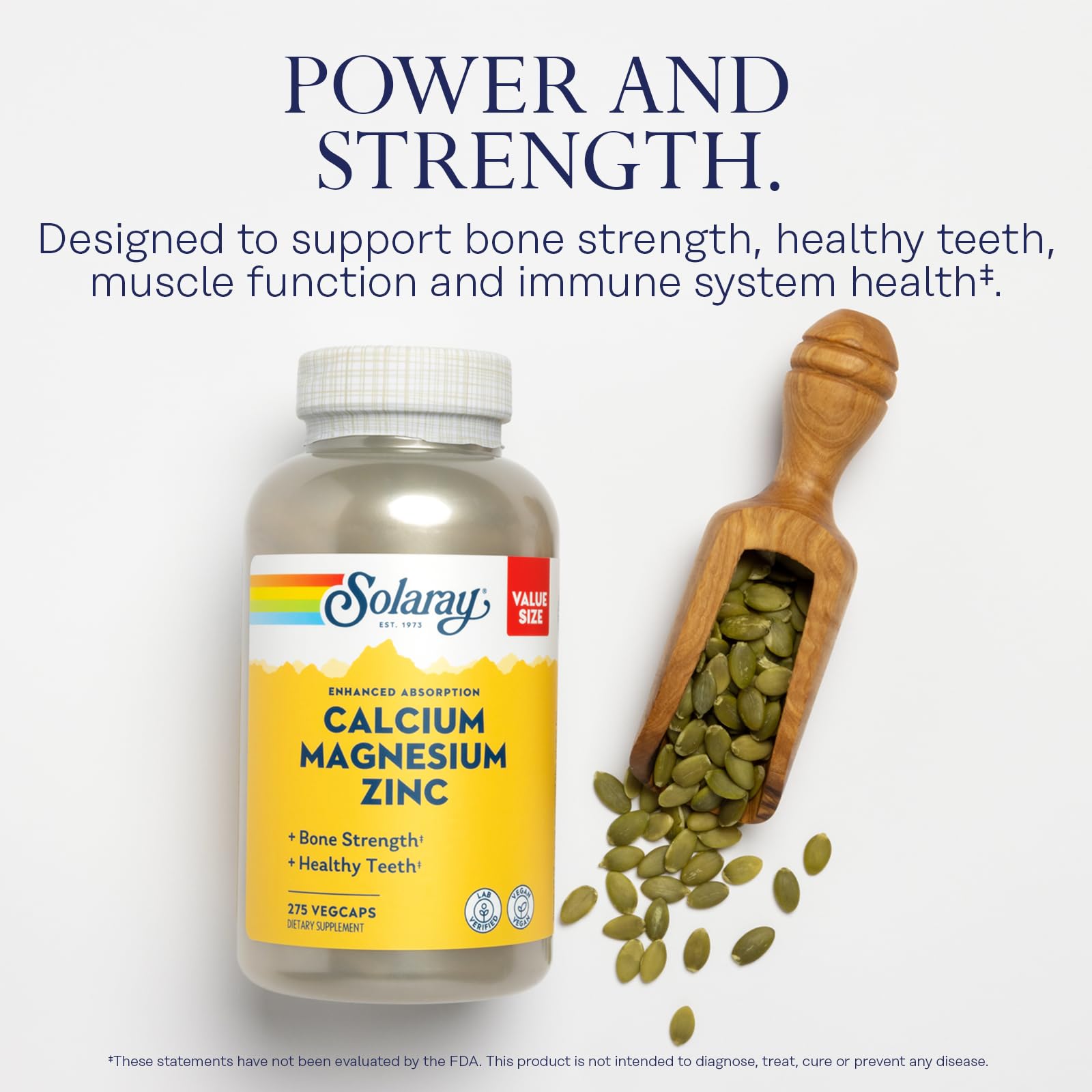 Solaray Calcium Magnesium Zinc label view shows serving details.
