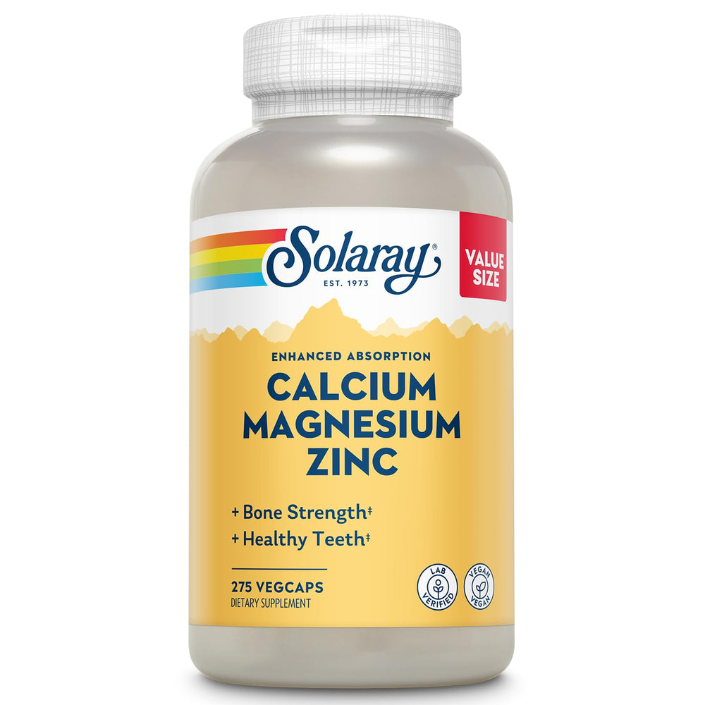 Solaray Calcium Magnesium Zinc supplement bottle showcases a bone-supporting mineral blend.