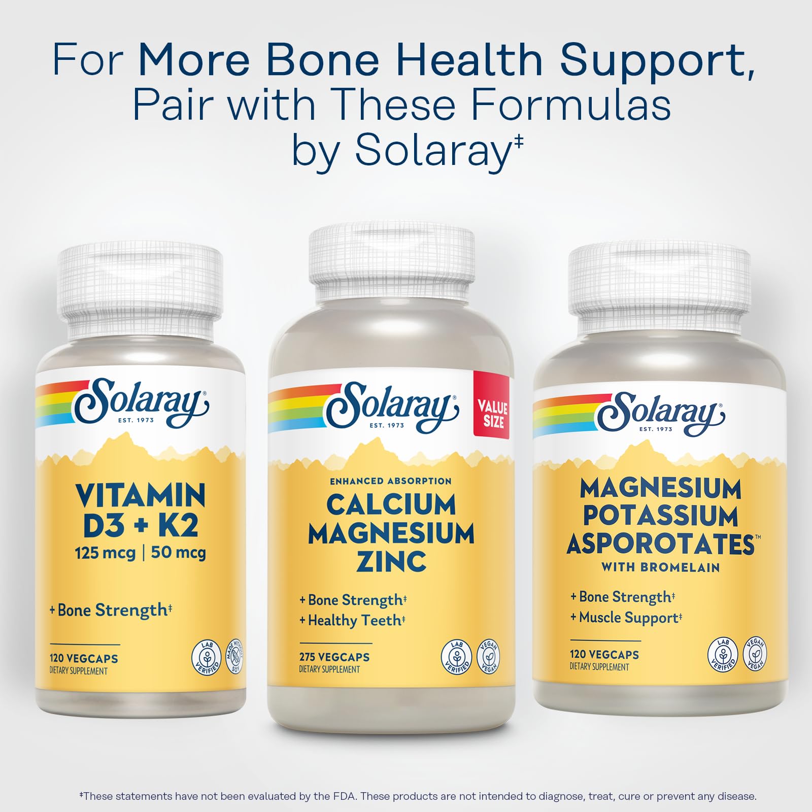 Solaray calcium magnesium zinc vegan-certified label emphasizes plant-based formula.