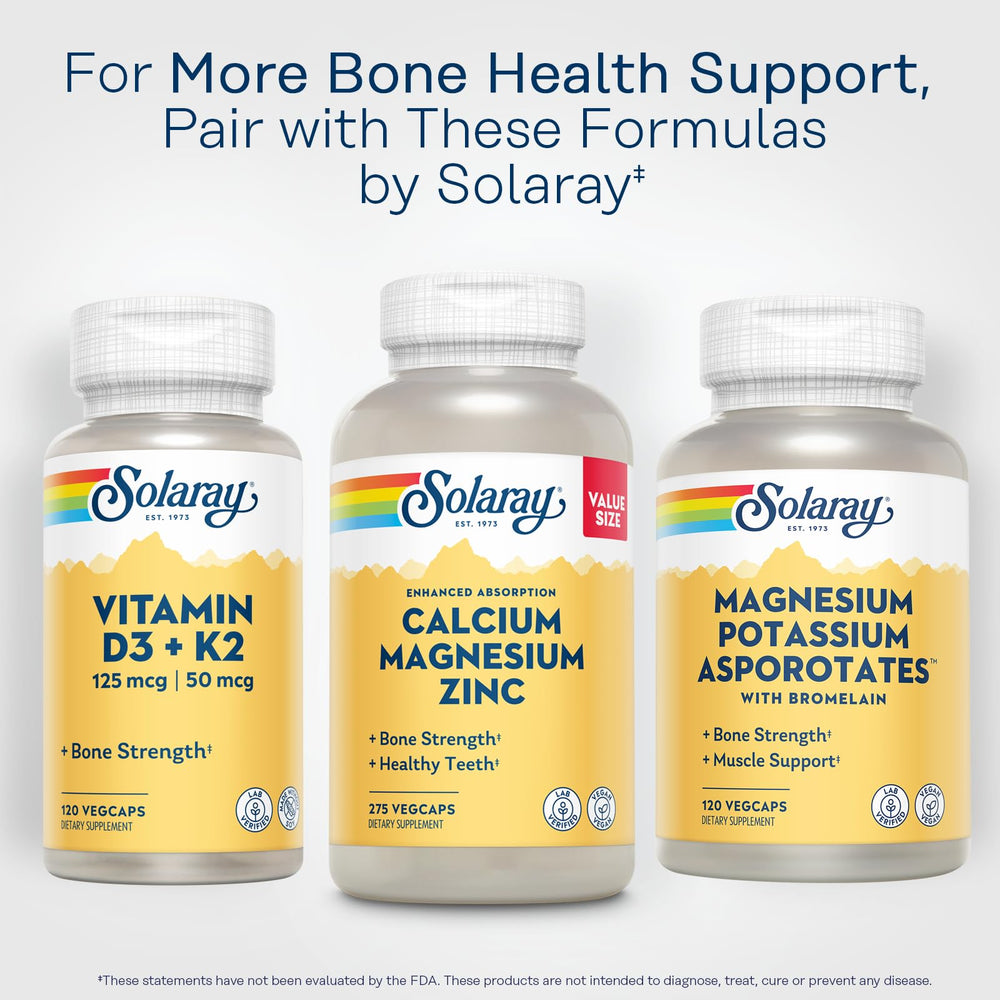 Solaray calcium magnesium zinc vegan-certified label emphasizes plant-based formula.