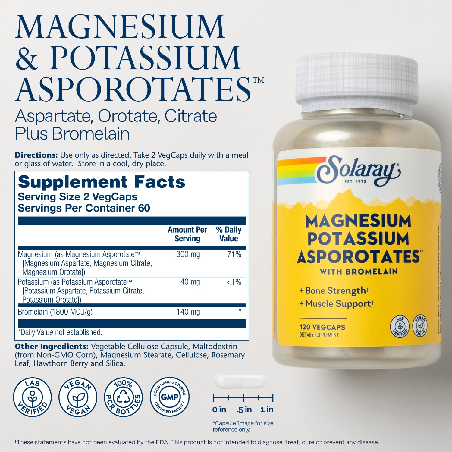 Solaray capsules close-up showing vegan, easy-to-swallow capsules.