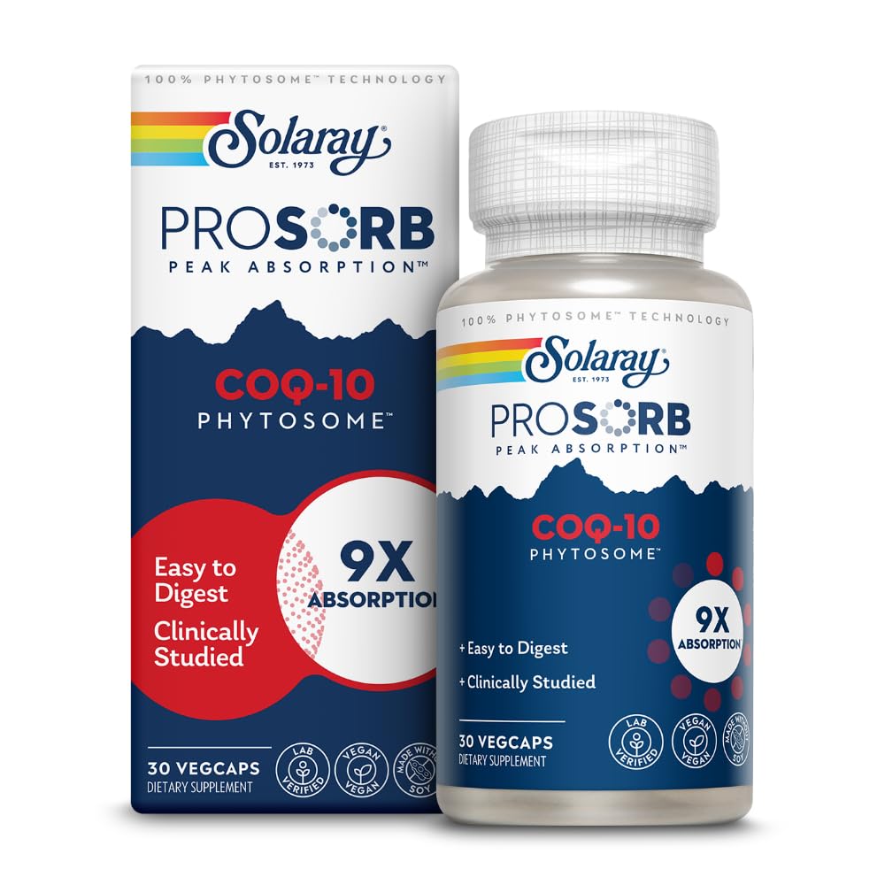 SOLARAY CoQ-10 Phytosome bottle on shelf with 60-day guarantee badge.