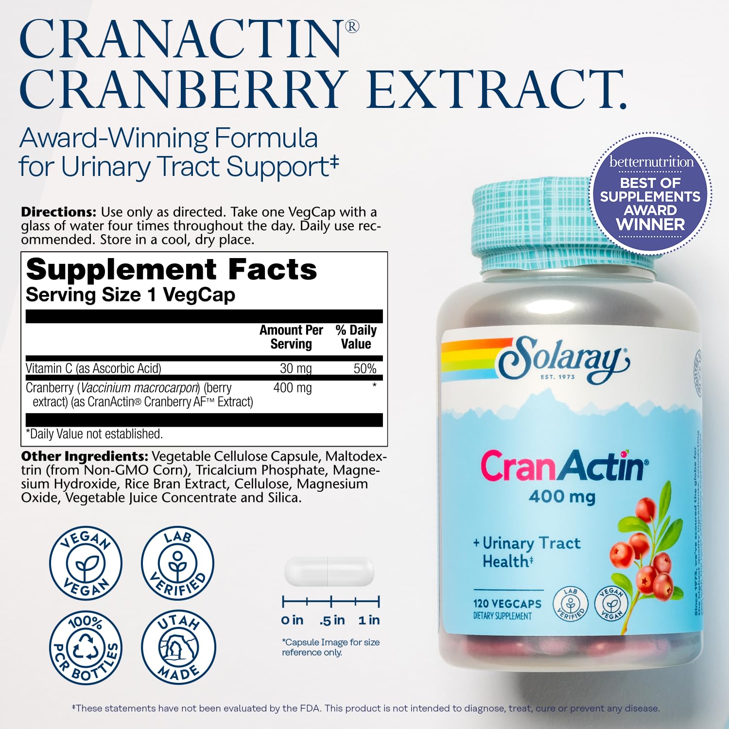 SOLARAY CranActin capsules closeup highlights 400 mg cranberry extract per serving for potent daily support.