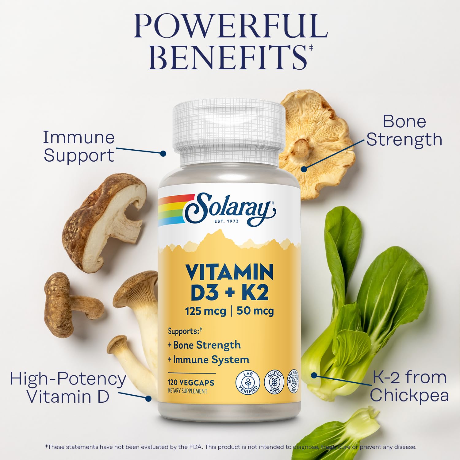 Solaray D3 K2 packaging emphasizes eco-friendly bottle and soy-free formula.