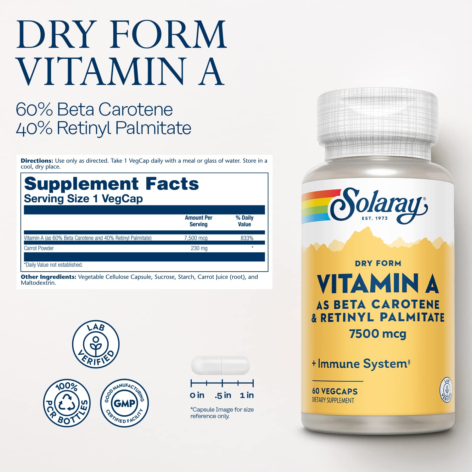 SOLARAY Vitamin A capsules close-up showing non-oily dry form