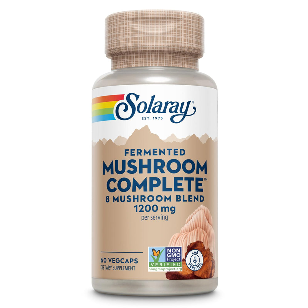SOLARAY Fermented Mushroom Complete bottle label showing eight mushrooms for daily wellness