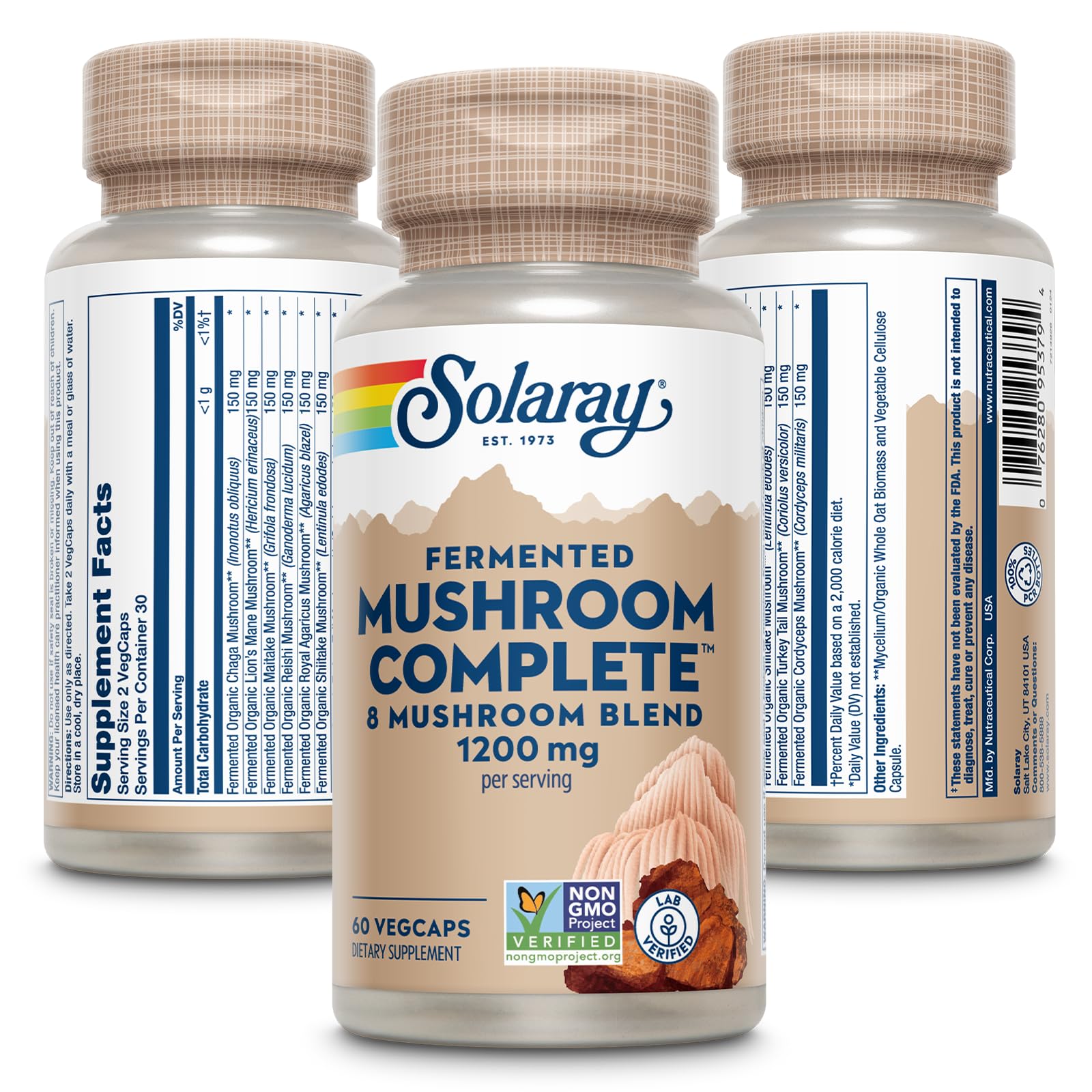 SOLARAY Fermented Mushroom Complete capsules closeup, easy-to-swallow for daily use