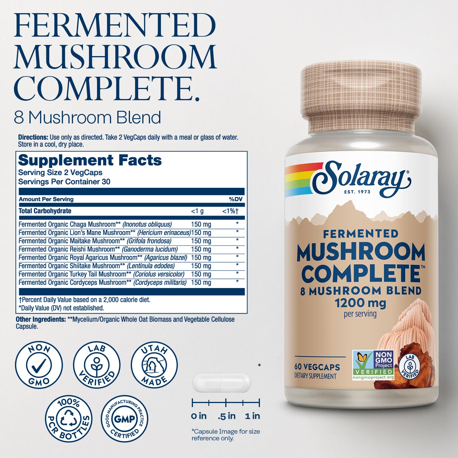 SOLARAY Fermented Mushroom Complete eight-mushroom blend visual for daily balance