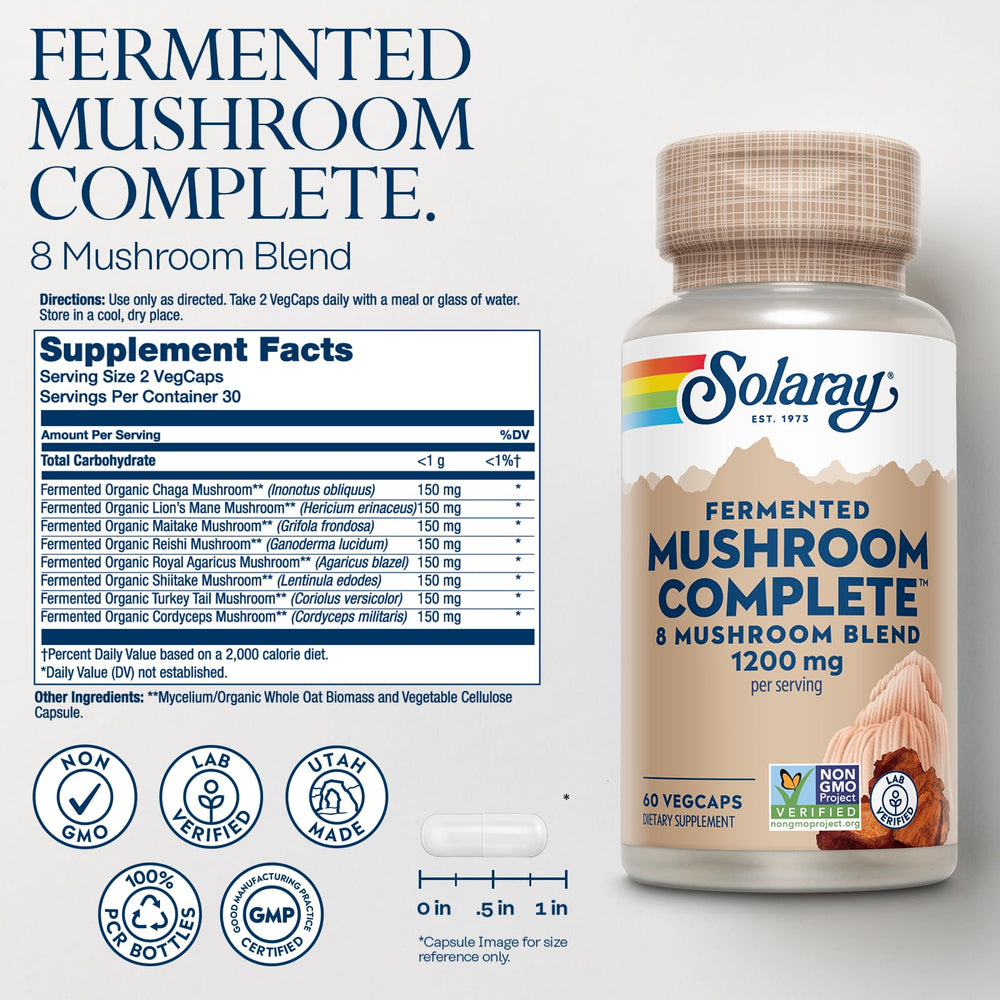 SOLARAY Fermented Mushroom Complete eight-mushroom blend visual for daily balance