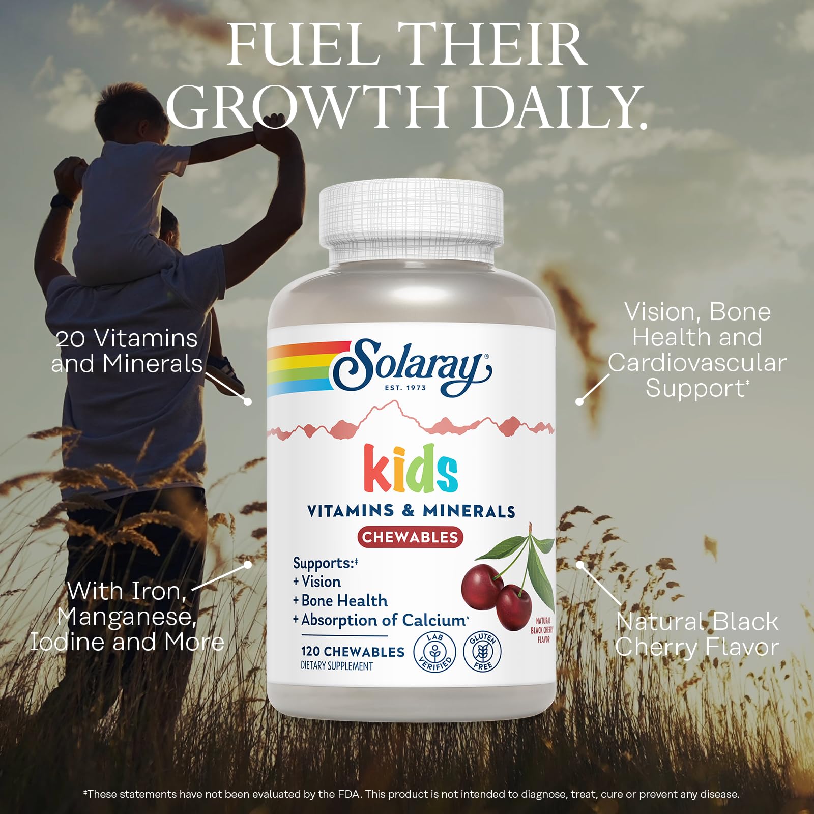 Label highlights gluten-free formula and quality testing for SOLARAY vitamins.
