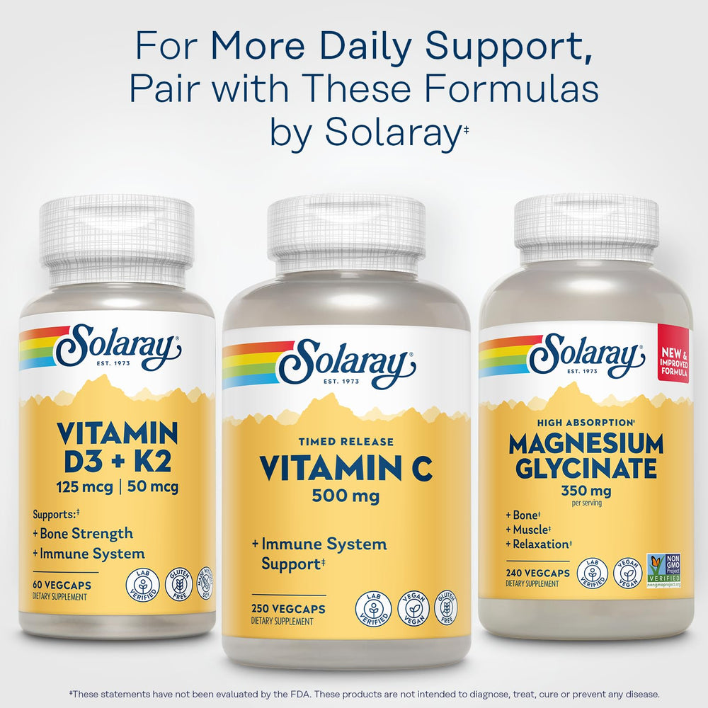 SOLARAY GMP lab testing badge emphasizing product quality and safety.