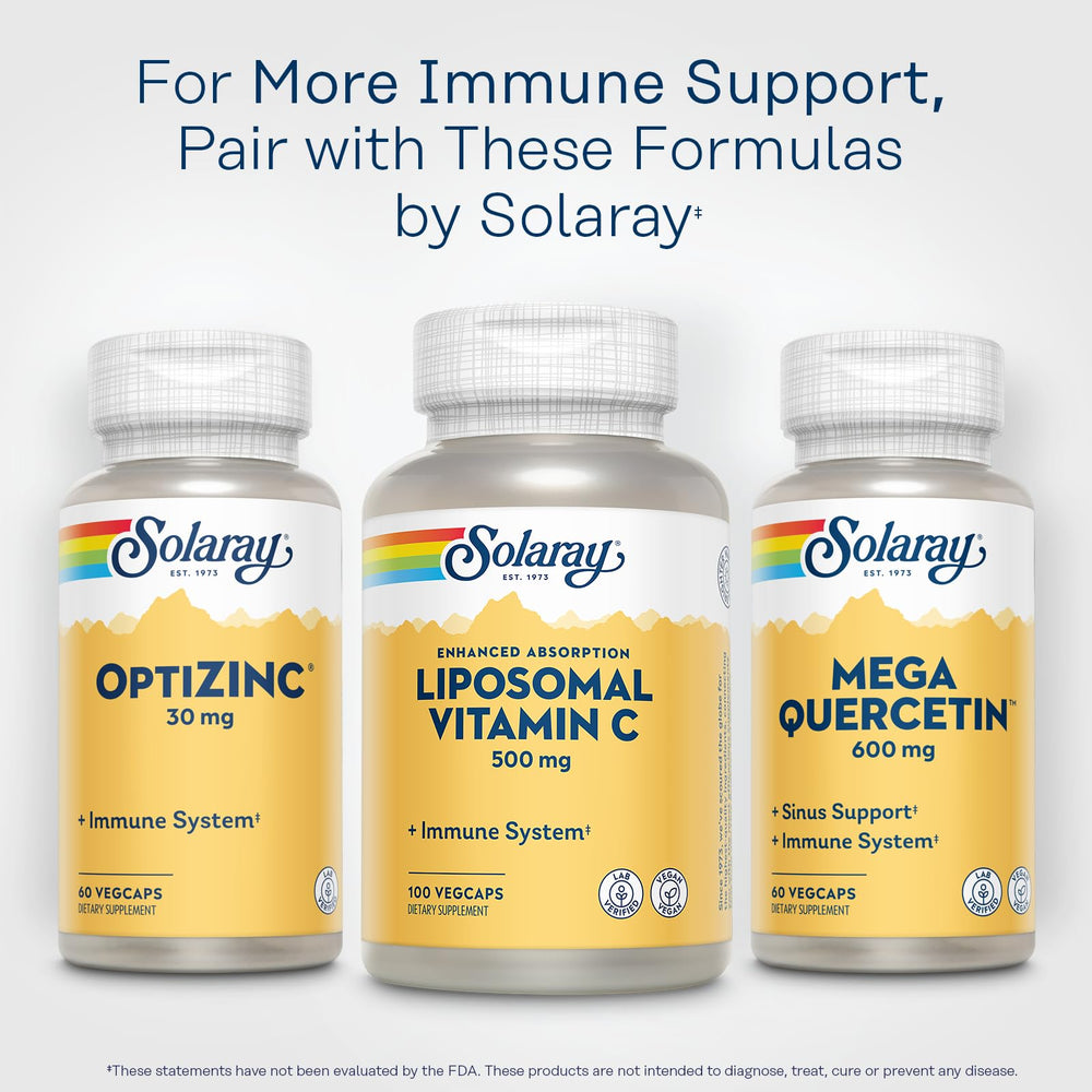 SOLARAY Liposomal Vitamin C bottle beside glass showing serving count