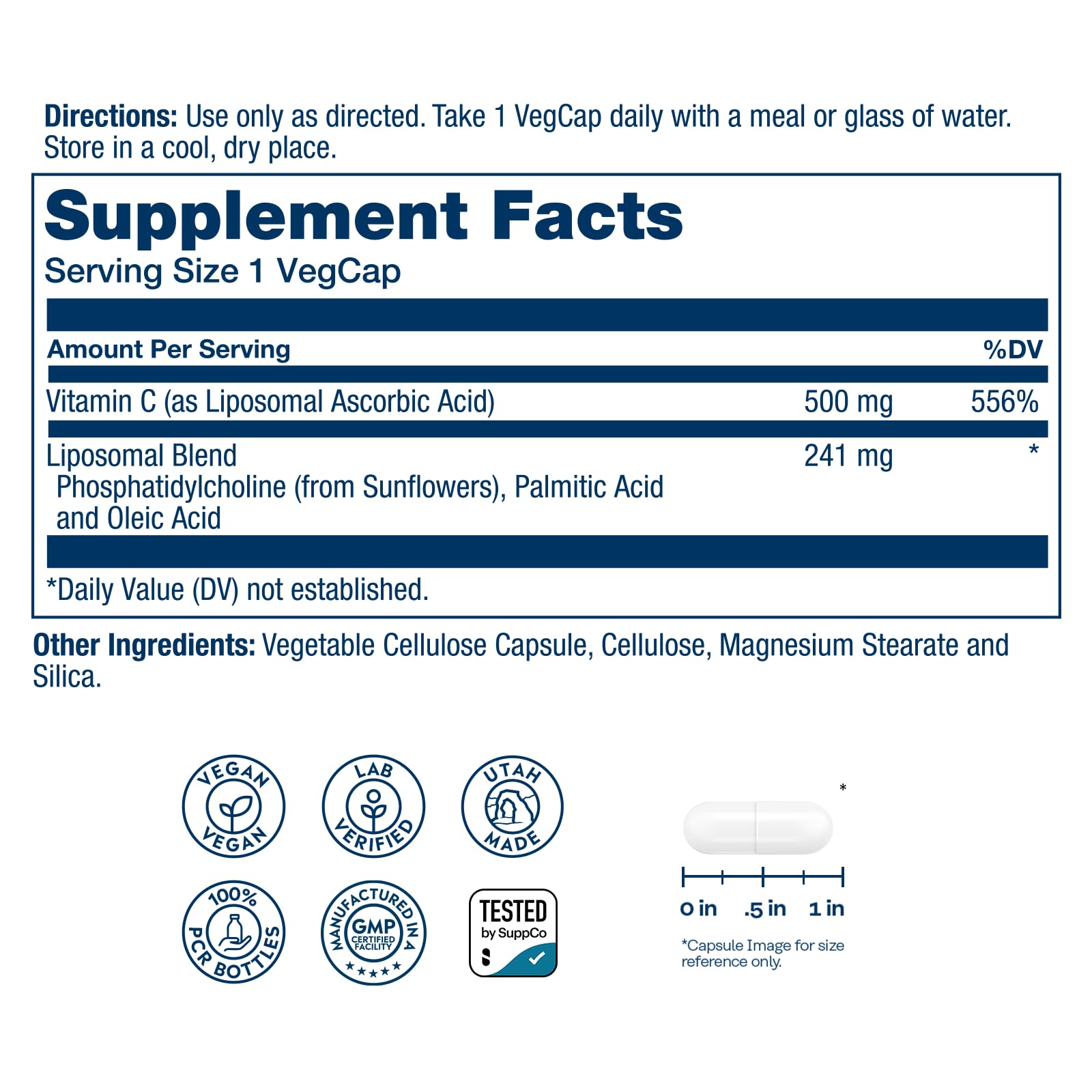 SOLARAY Liposomal Vitamin C capsules pack highlights vegan formula and 100 servings