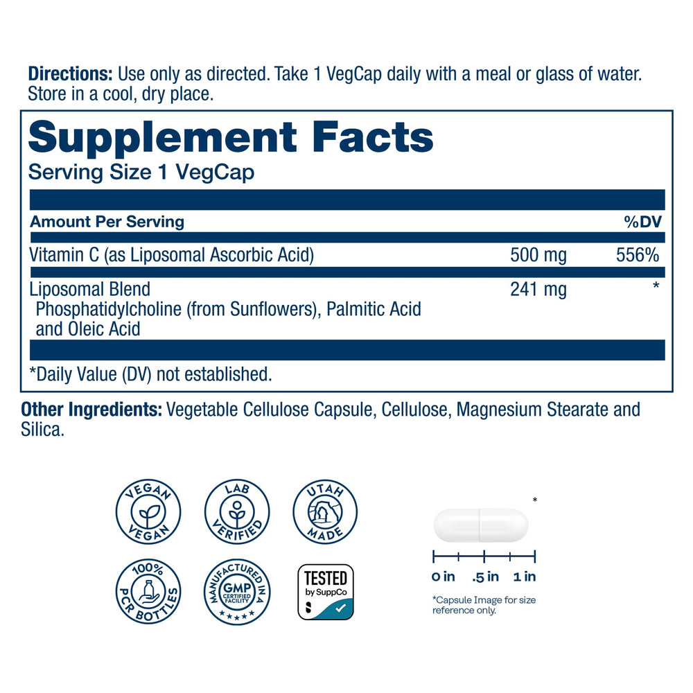 SOLARAY Liposomal Vitamin C capsules pack highlights vegan formula and 100 servings