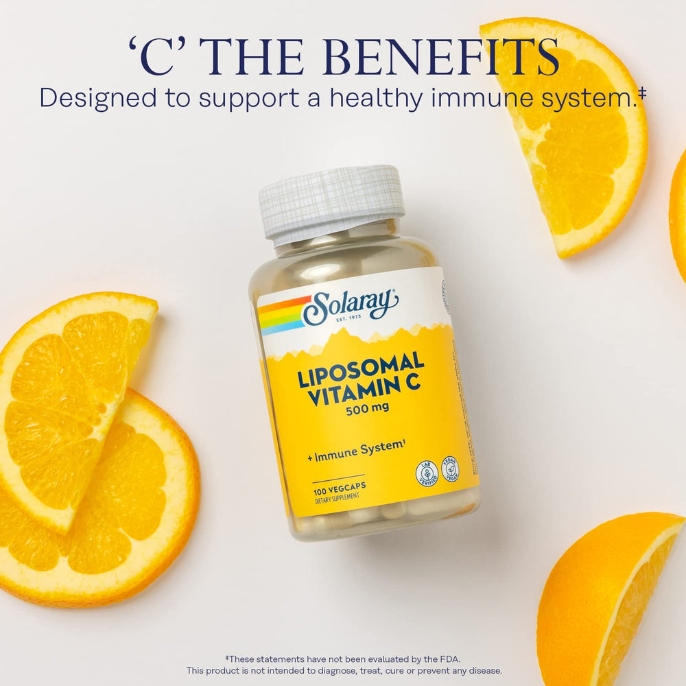 Label close-up of SOLARAY Liposomal Vitamin C showing quality testing