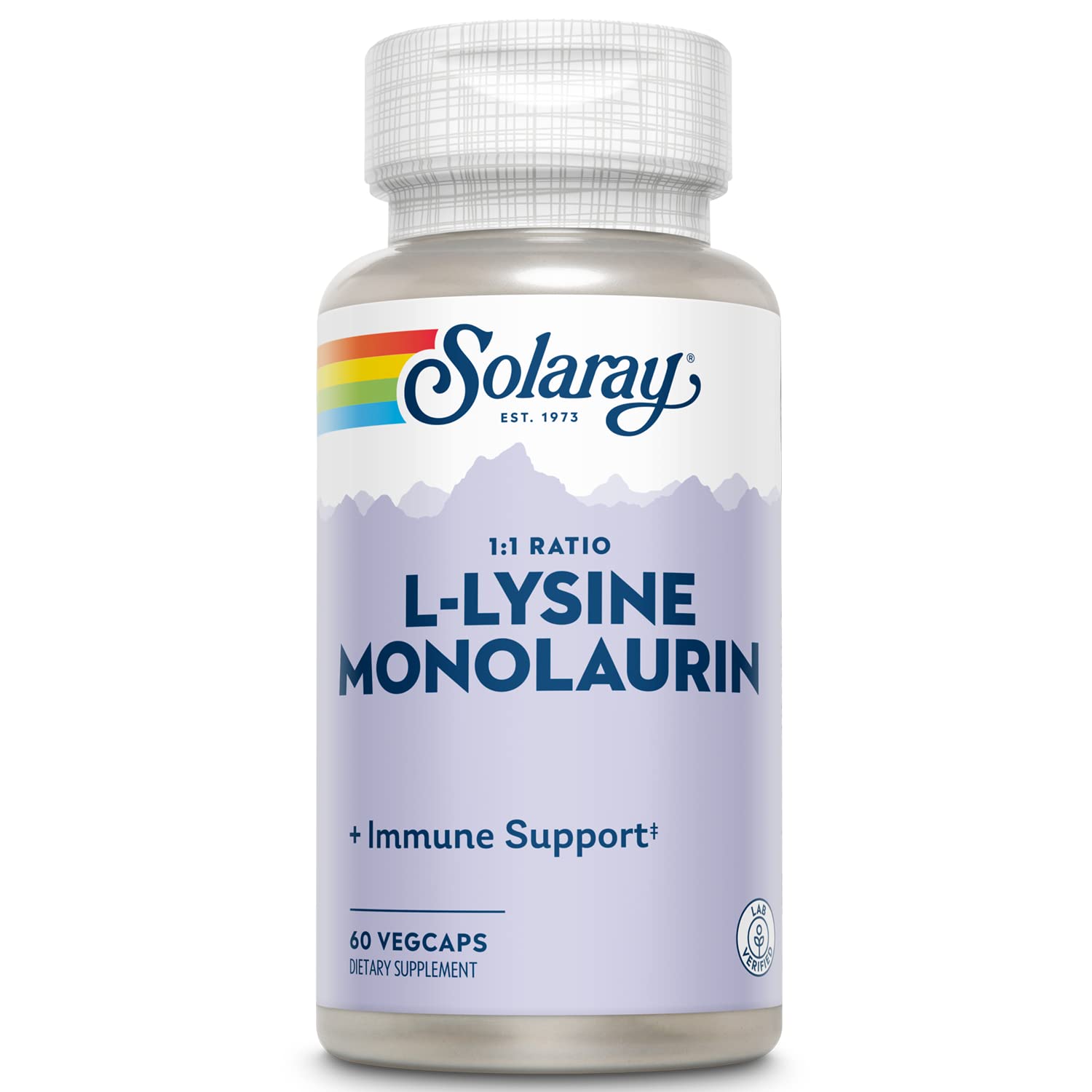 SOLARAY L-Lysine Monolaurin bottle showing capsules for immune support.