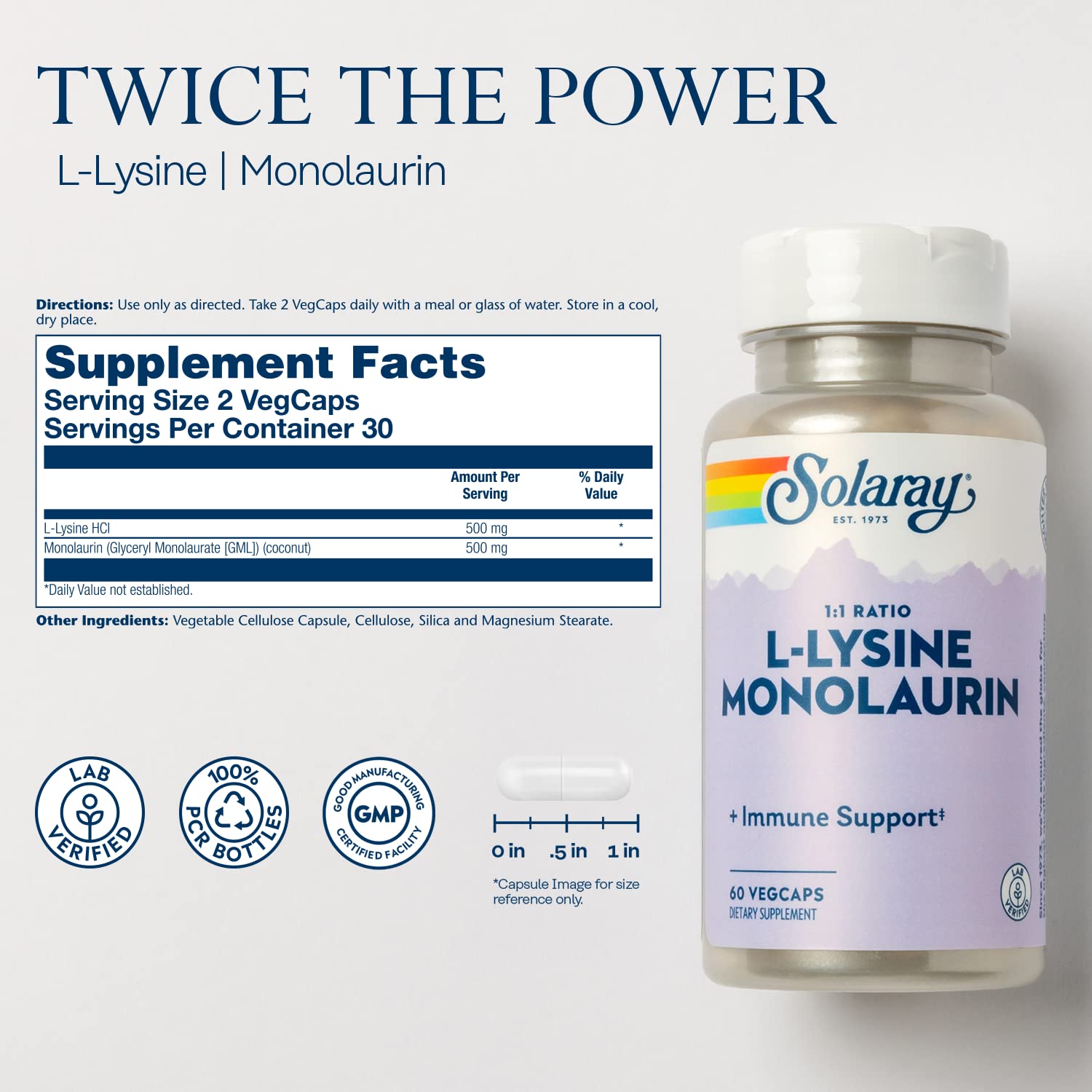 SOLARAY L-Lysine Monolaurin capsules ready for daily wellness.