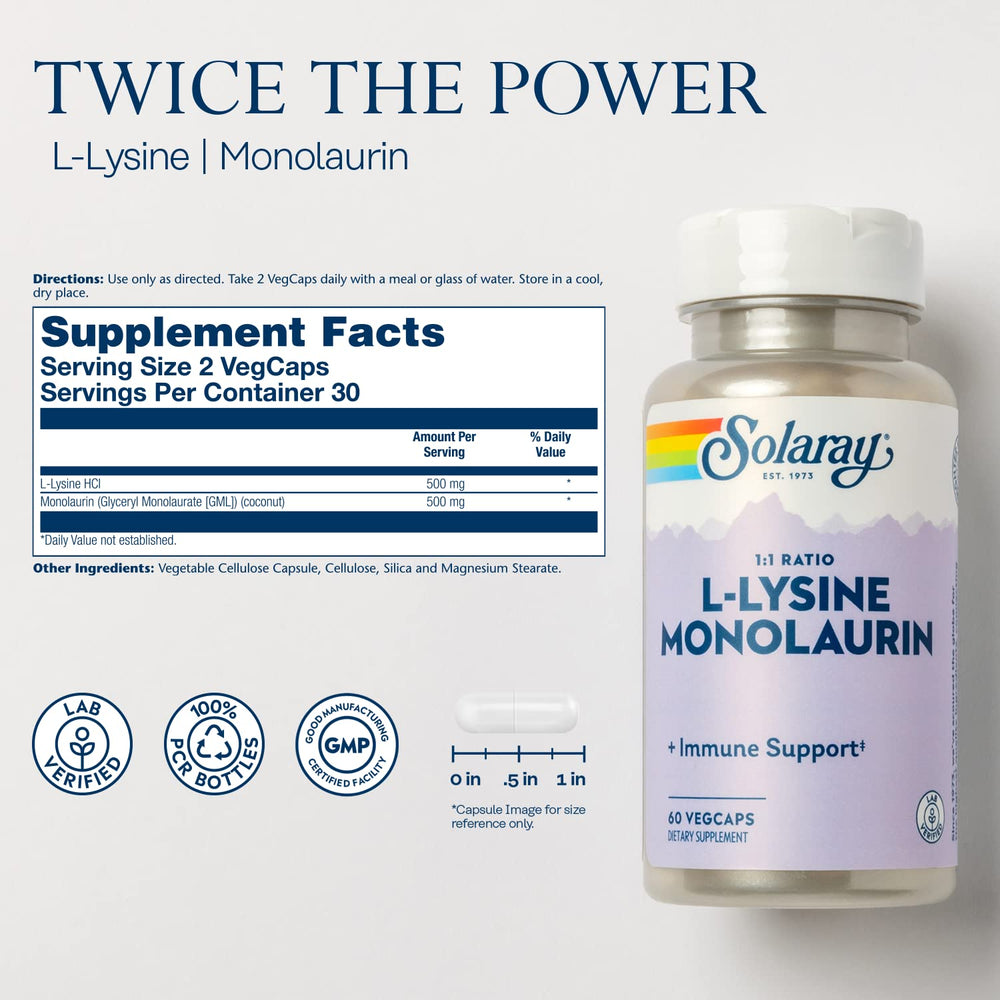 SOLARAY L-Lysine Monolaurin capsules ready for daily wellness.