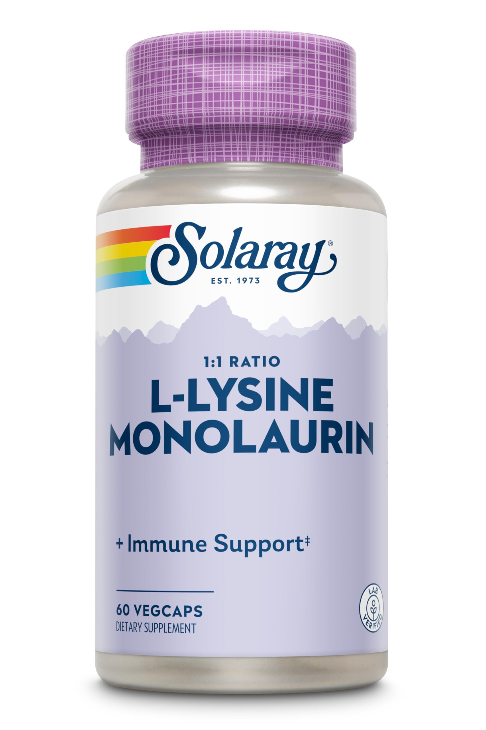SOLARAY L-Lysine Monolaurin ingredients panel emphasizes 500 mg per serving.