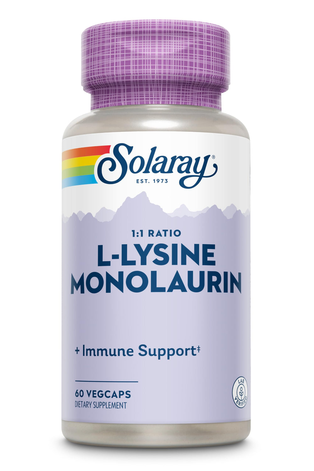 SOLARAY L-Lysine Monolaurin ingredients panel emphasizes 500 mg per serving.