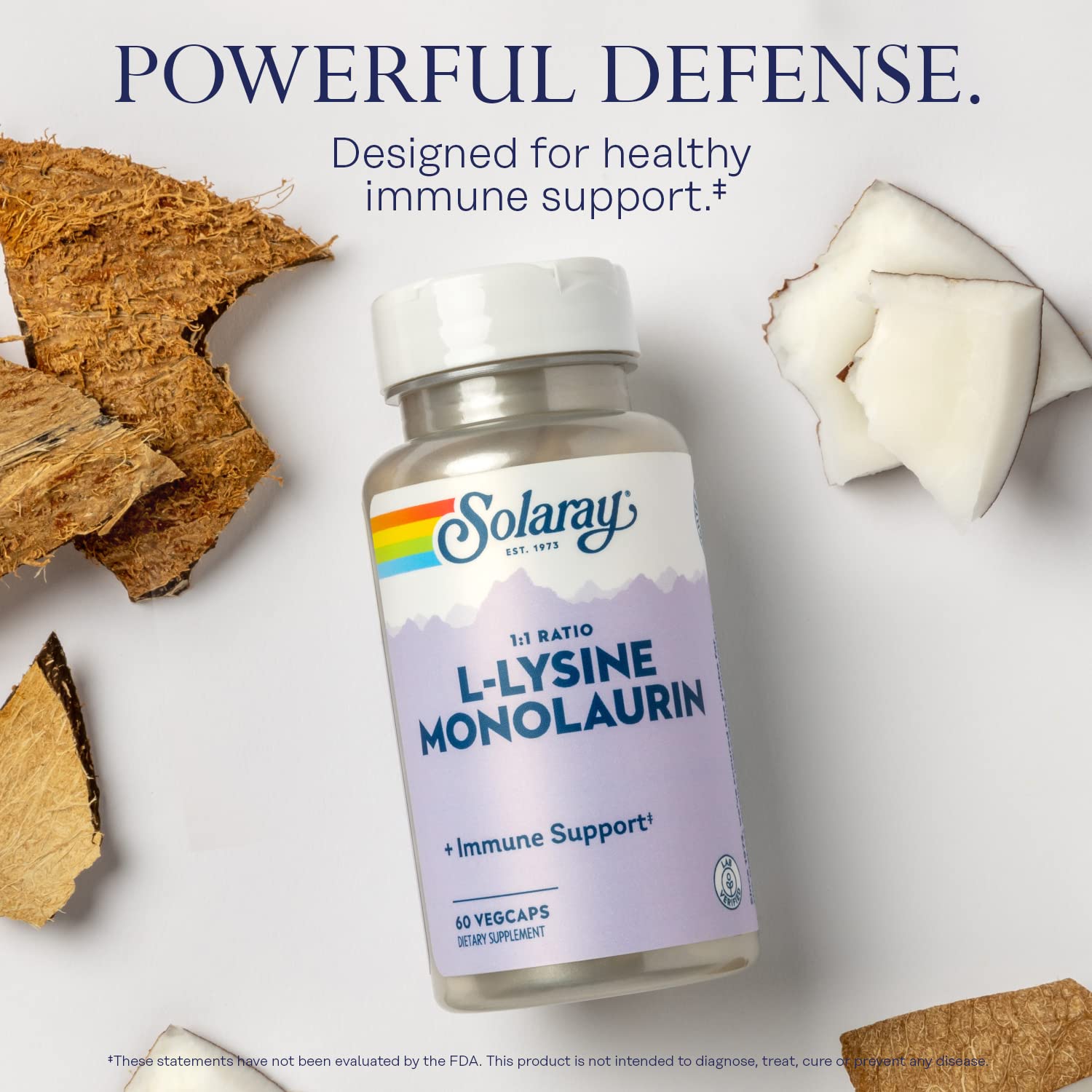 SOLARAY L-Lysine Monolaurin label closeup highlights ingredients.