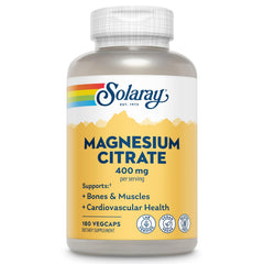 SOLARAY Magnesium Citrate 400mg bottle exterior supports daily bone and muscle health.