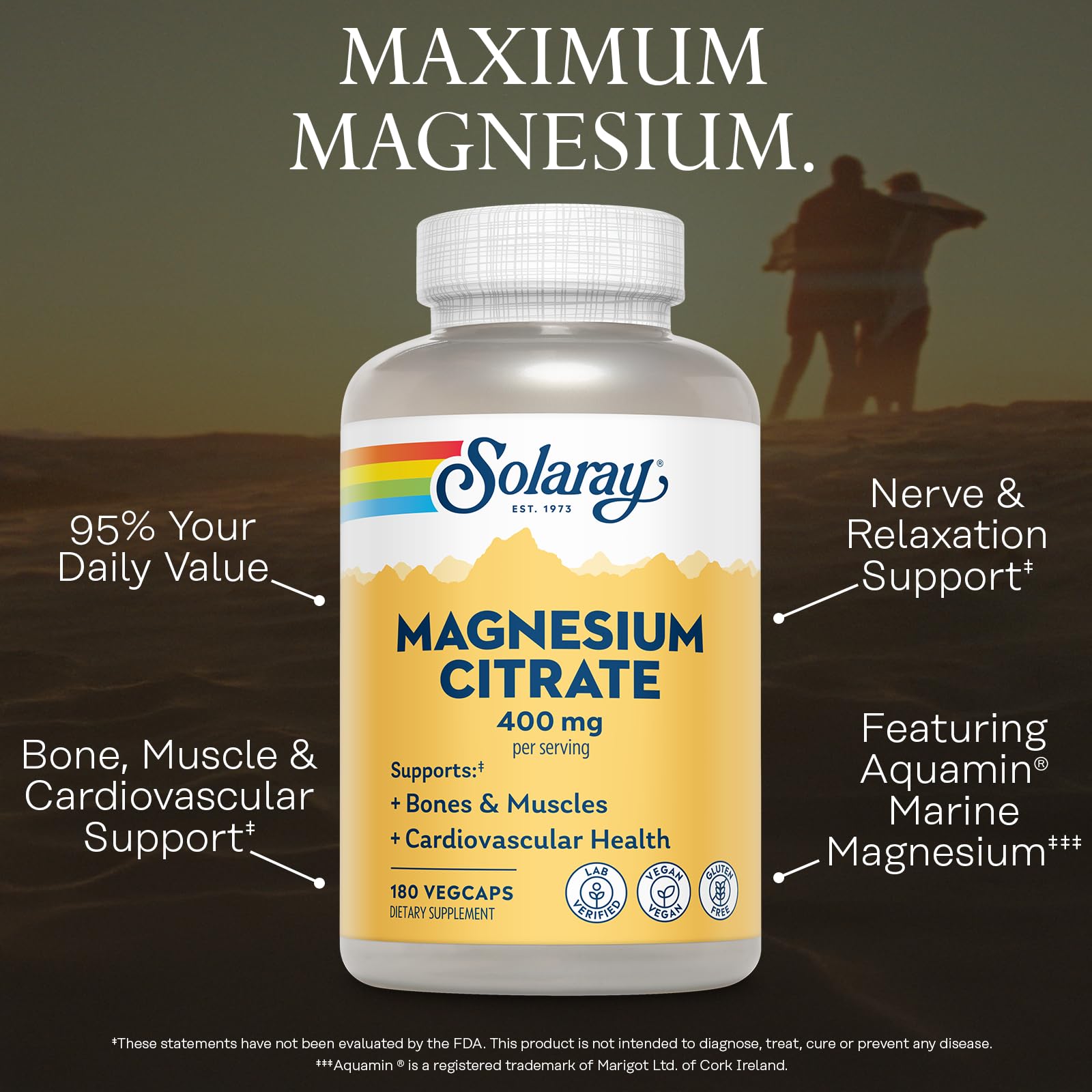 SOLARAY Magnesium Citrate 400mg label close-up shows chelated formula for better uptake.