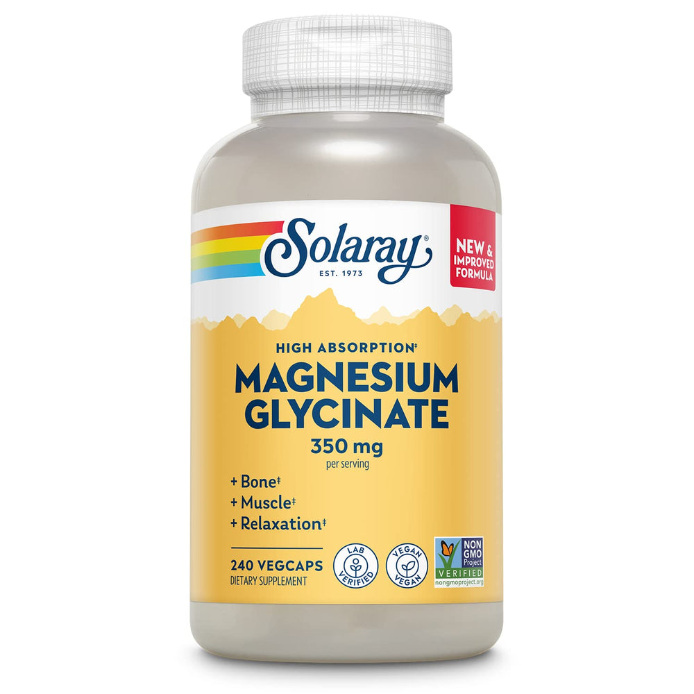 Solaray Magnesium Glycinate bottle view showing high absorption for daily stress support.