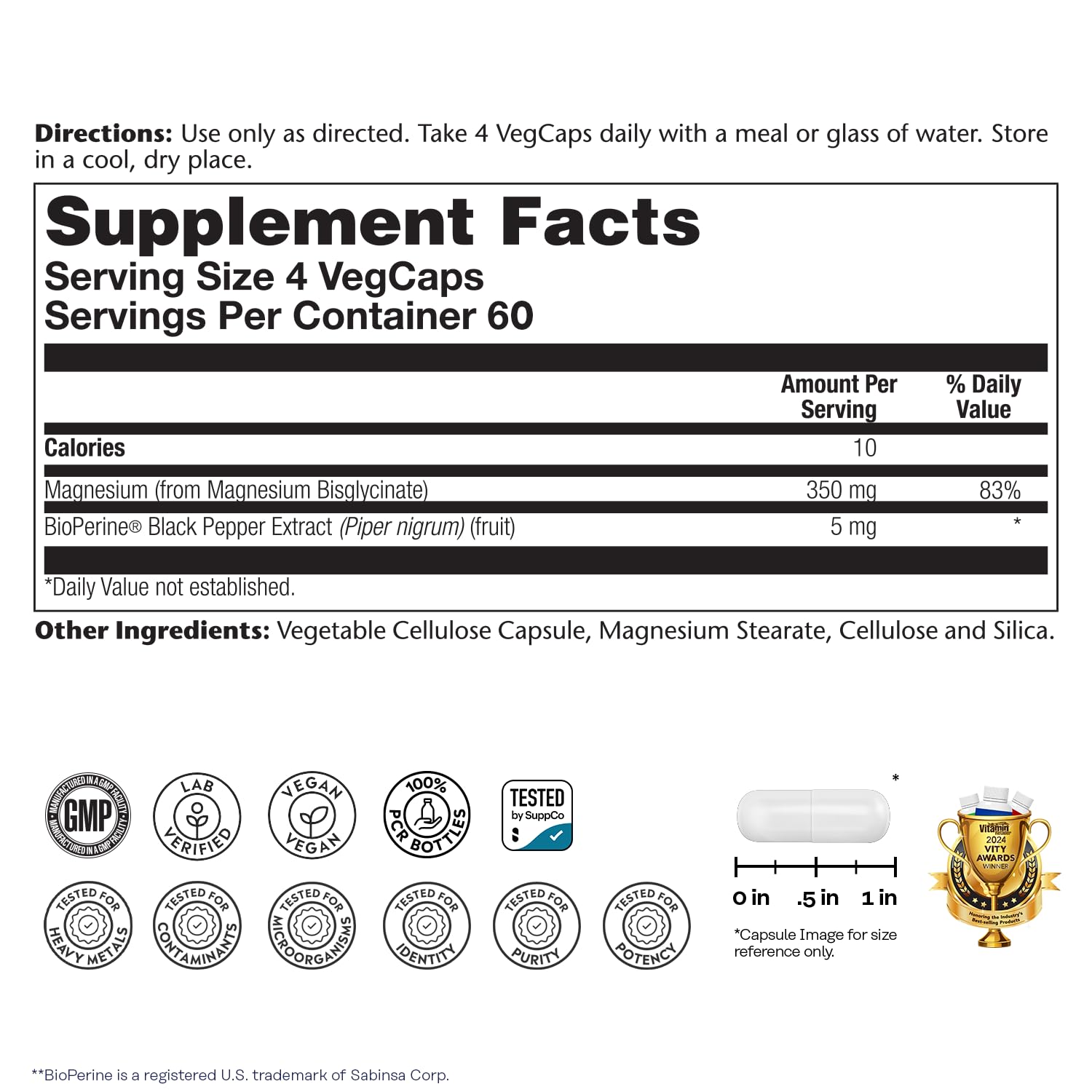 Solaray Magnesium Glycinate capsule close-up highlighting easy-to-swallow veg caps.