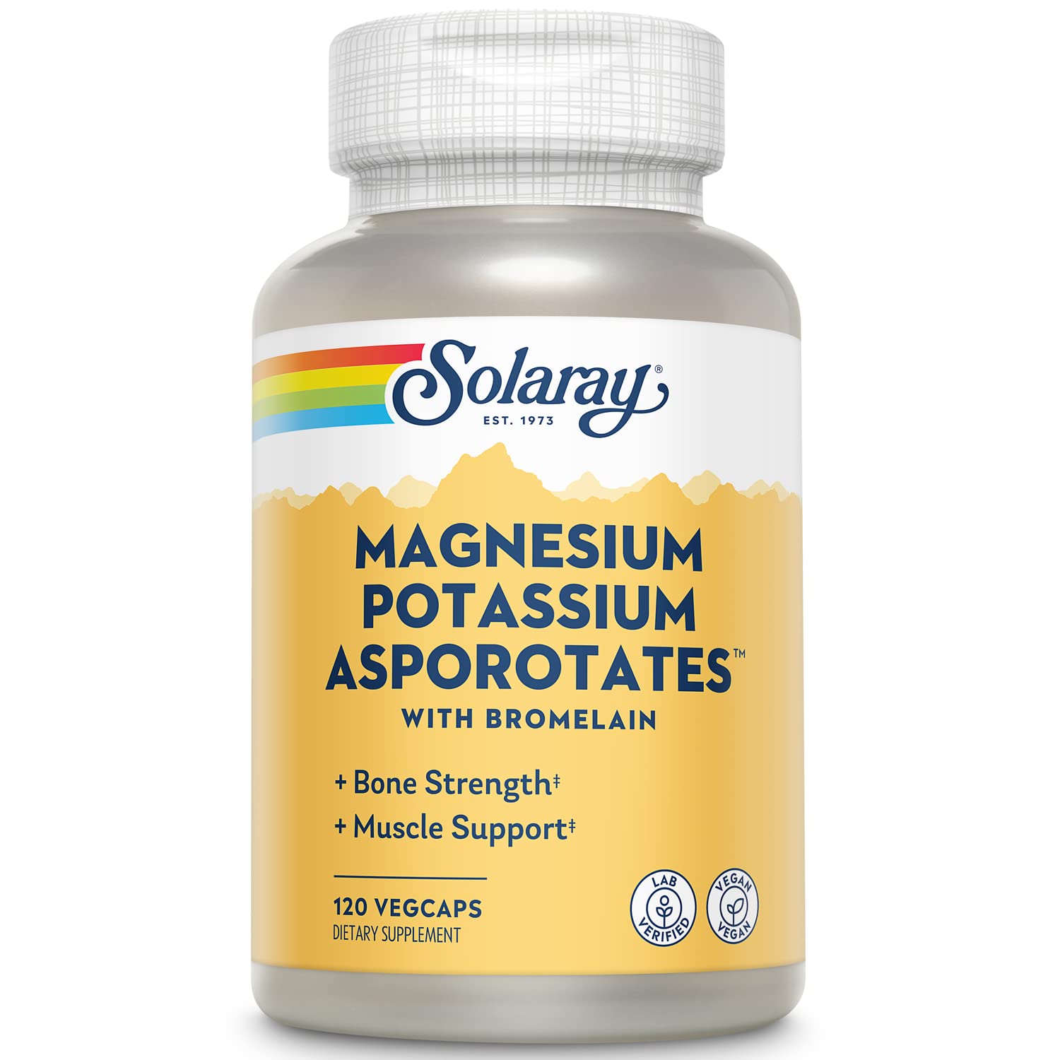 Solaray magnesium-potassium-bromelain bottle for electrolyte balance and muscle support.