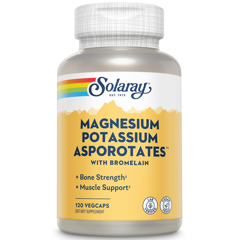 Solaray magnesium-potassium-bromelain bottle for electrolyte balance and muscle support.