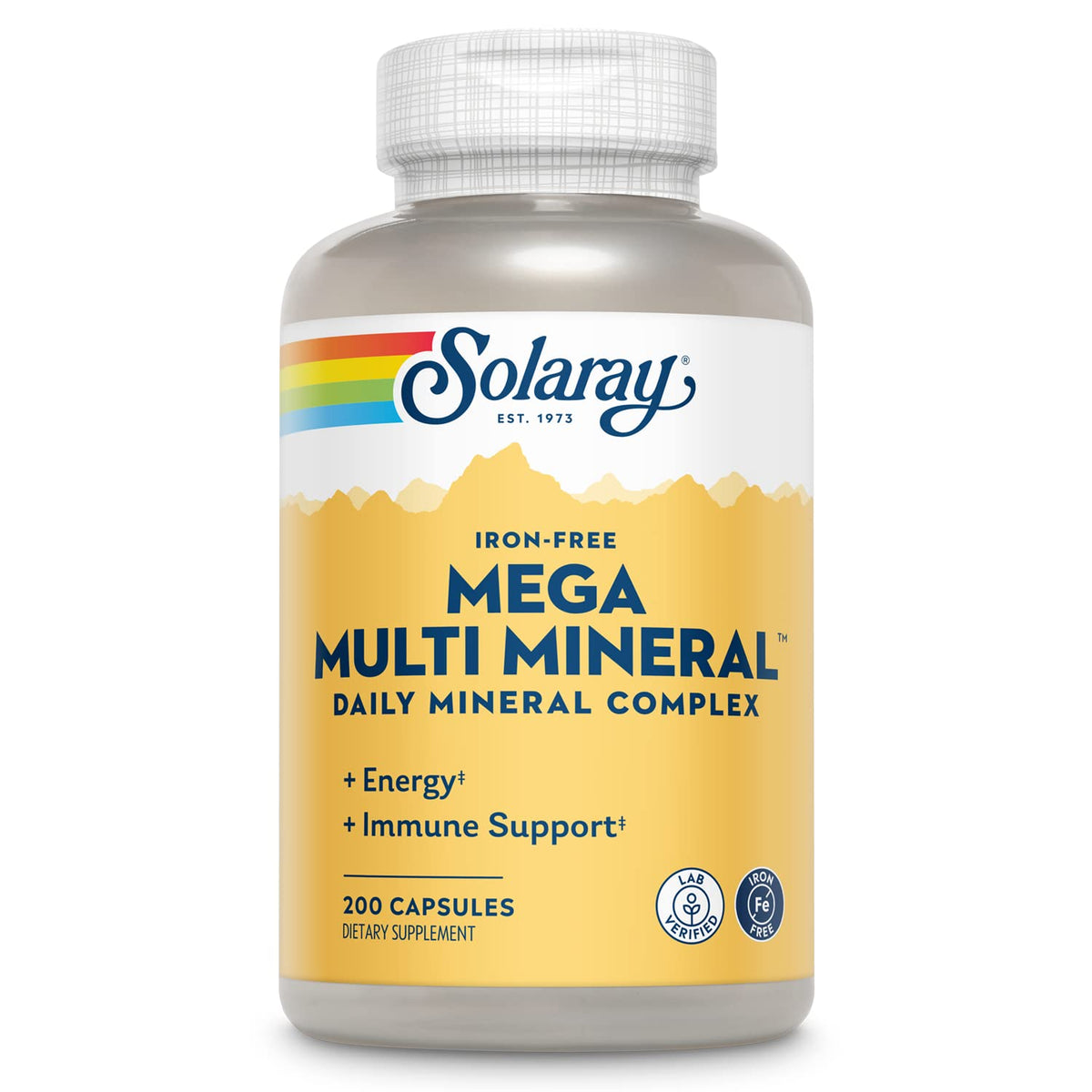 SOLARAY Mega Multi Mineral bottle front promotes daily wellness with iron-free minerals.
