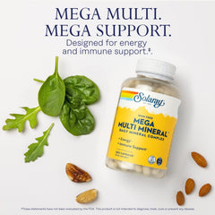 SOLARAY Mega Multi Mineral capsules arranged to show easy-to-swallow format.
