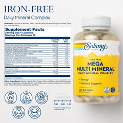 SOLARAY Mega Multi Mineral label closeup highlights ingredients and minerals.