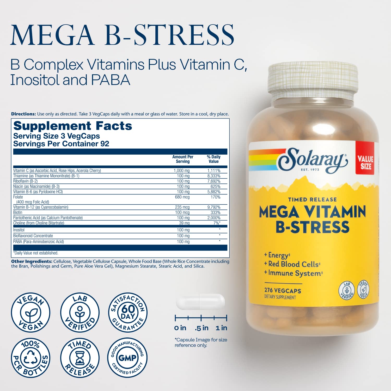 SOLARAY Mega Vitamin B-Stress bottle back label reveals ingredients and potency.