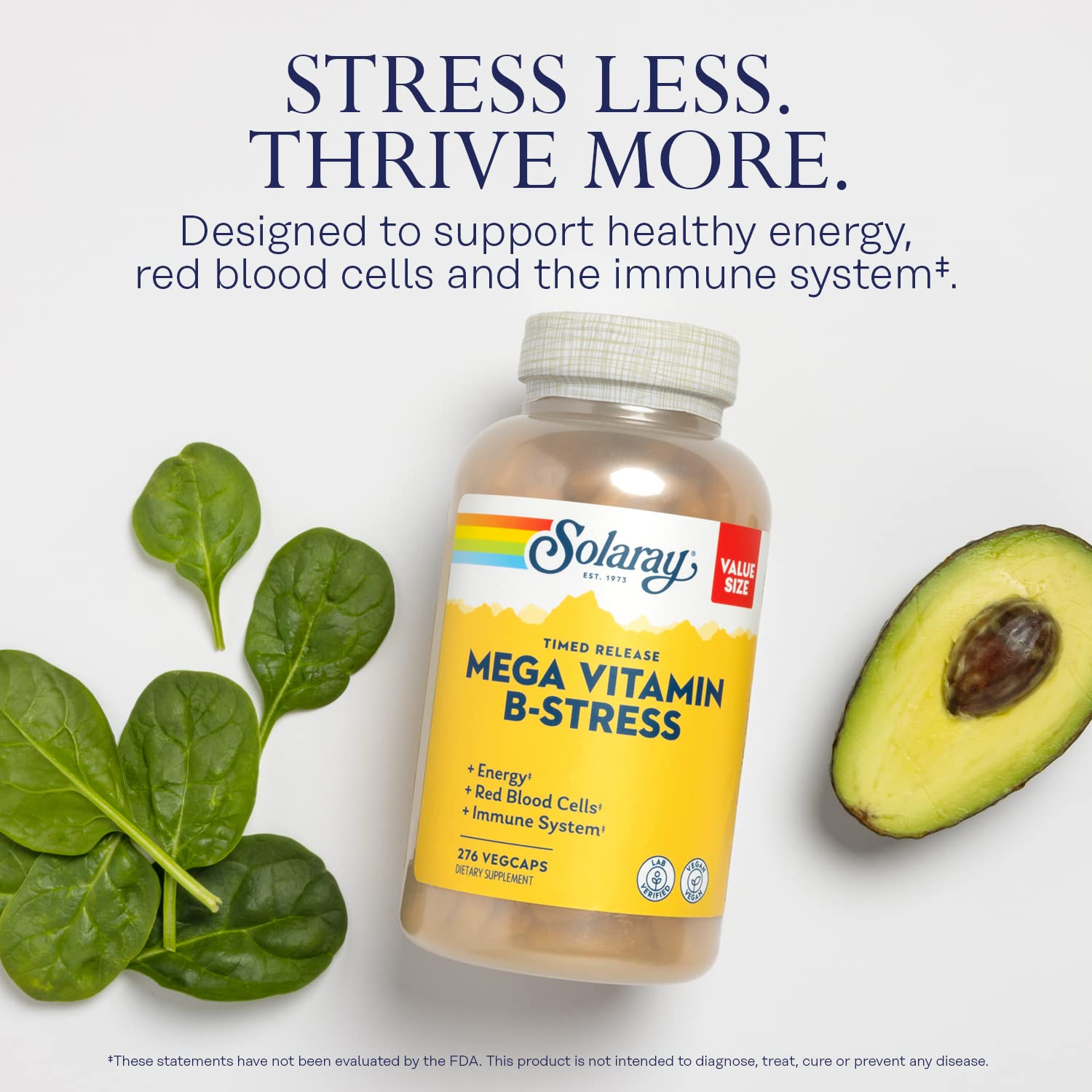 SOLARAY Mega Vitamin B-Stress capsules close-up highlighting timed-release design.