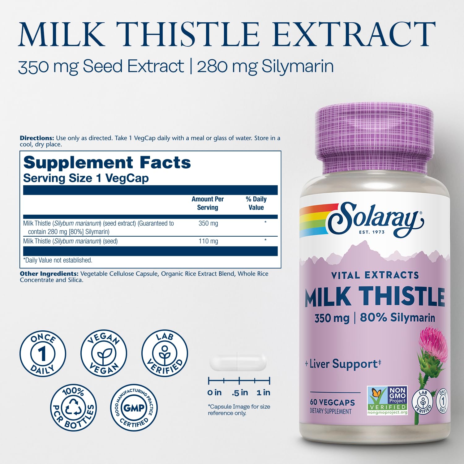SOLARAY Milk Thistle capsules for vegan daily use.