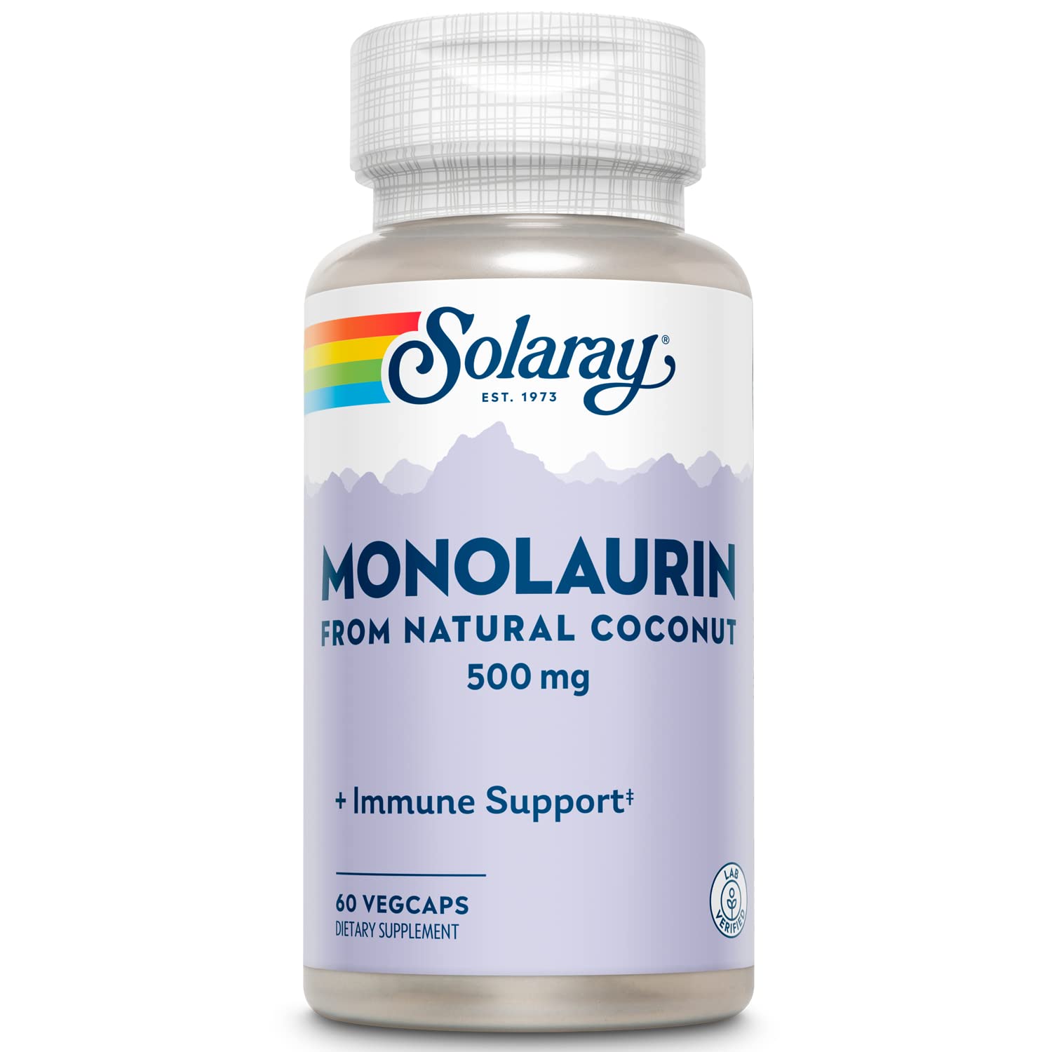 SOLARAY Monolaurin bottle shows coconut origin and 500 mg per serving for daily nutritive support.